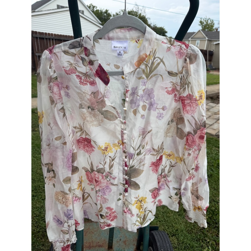 Bailey 44 Floral Long Sleeve Blouse Sheer Romantic Smocked Cuff Top Medium